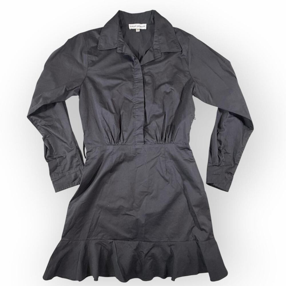 Karina Grimaldi Black Mini Shirt Dress Women’s M Long Sleeve Ruffle Hem Collared